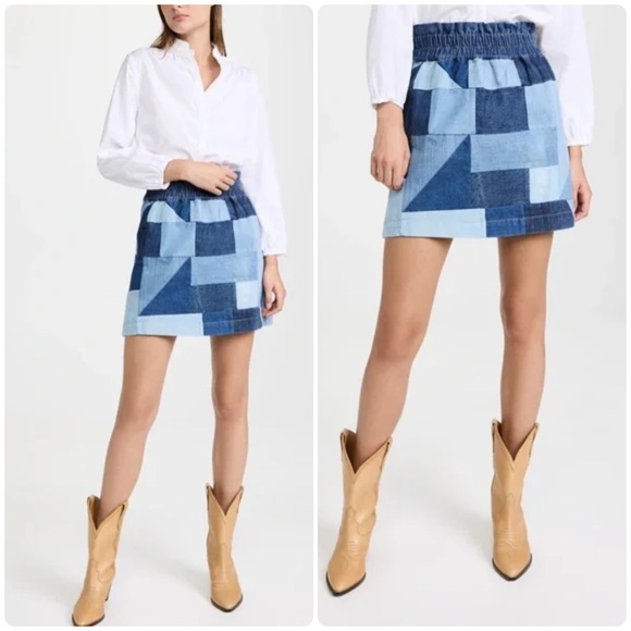 New! SEA NY Diego Denim Patchwork Mini skirt in Blue Denim 💙 🤠 Medium - Picture 1 of 14